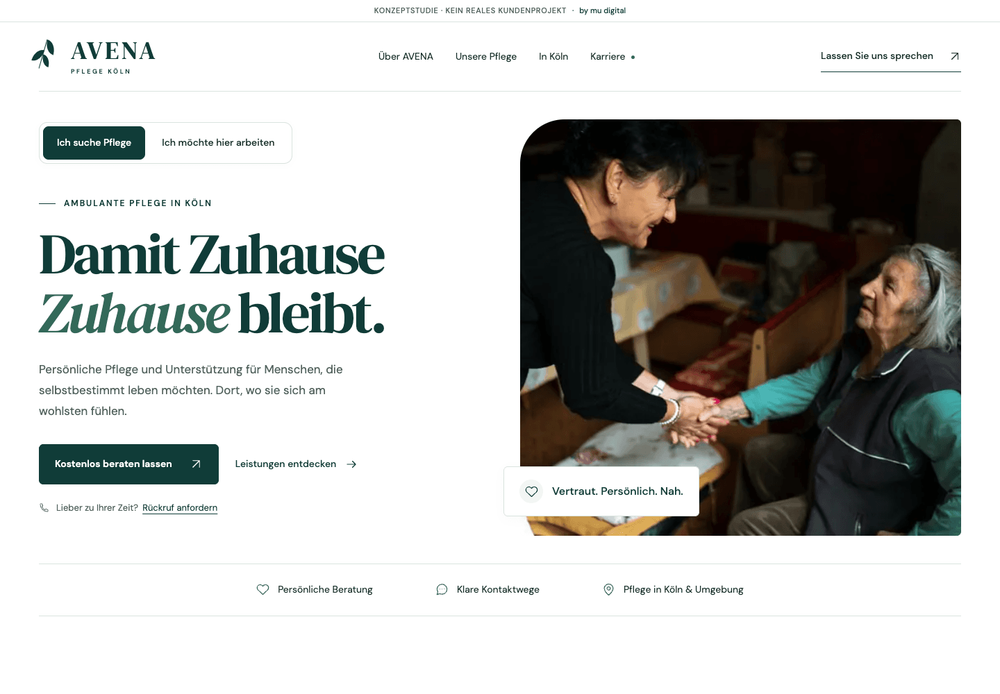 AVENA: fiktive Website-Konzeptstudie mit getrennten Einstiegen für Angehörige und Pflegekräfte