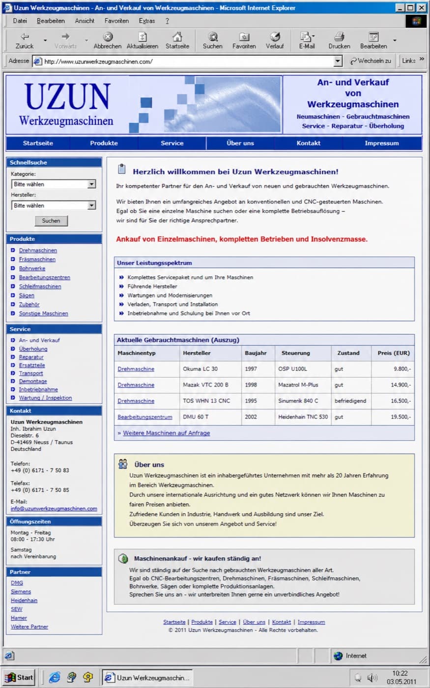 Frühere Desktop-Website von Uzun Werkzeugmaschinen vor dem Relaunch