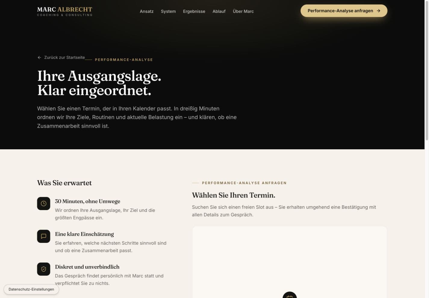 Coaching Albrecht — Funktionaler Kontaktweg: Gesprächserwartung, Kalenderfreigabe und direkte Alternativen