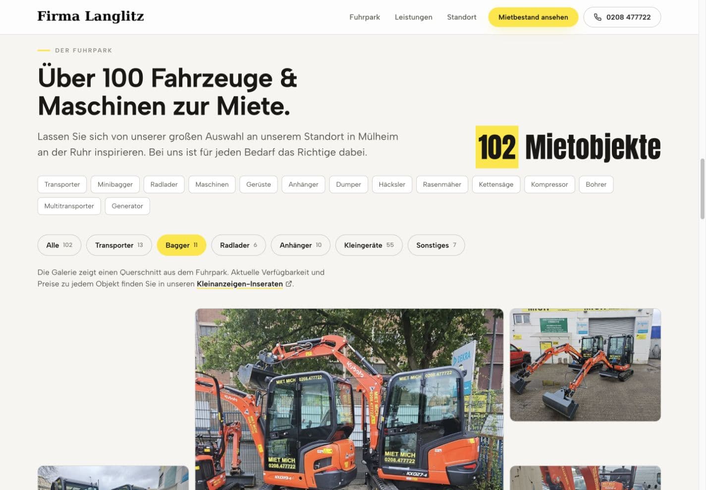 Langlitz Fuhrpark nach Auswahl der Kategorie Bagger