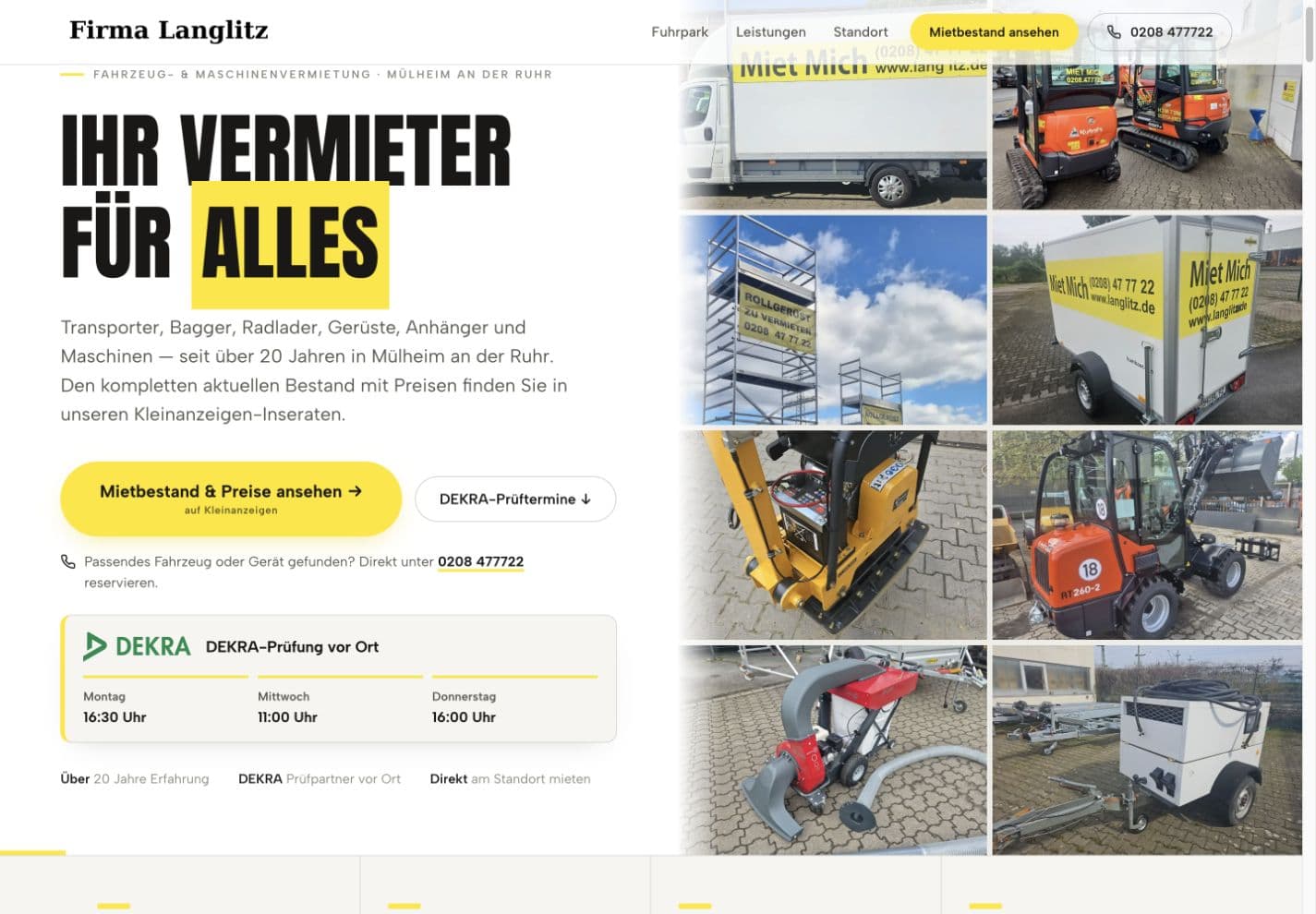 Langlitz — Aktuelle Markenwelt: Gelb, verdichtete Typografie und reale Fahrzeugcollage. Auf kleinen Bildschirmen: Langlitz — Mobile Angebotspriorität, Haupt-CTA und DEKRA-Terminblock.