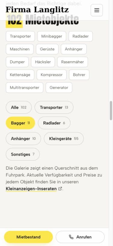 Langlitz — Mobile Kategorieauswahl im Zustand Bagger; Auswahl und Filter sind sichtbar, Fahrzeugbilder liegen teilweise unterhalb des Ausschnitts