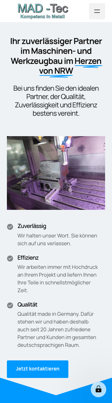 Lange mobile Ansicht des technischen Webauftritts von MAD-TEC