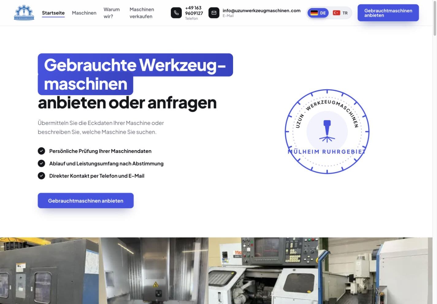 Uzun Werkzeugmaschinen — Aktuelle industrielle Markenwelt: Signet, blau-schwarze Typografie und Anfragepriorität. Auf kleinen Bildschirmen: Uzun Werkzeugmaschinen — Mobile Hierarchie für Maschinenangebot und persönliche Prüfung.