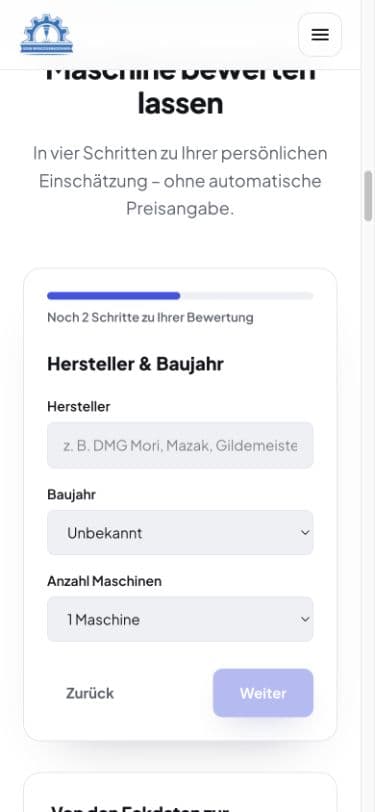 Uzun Werkzeugmaschinen — Progressive Abfrage: Auswahl führt zur technischen Dateneingabe, keine Anfrage abgesendet