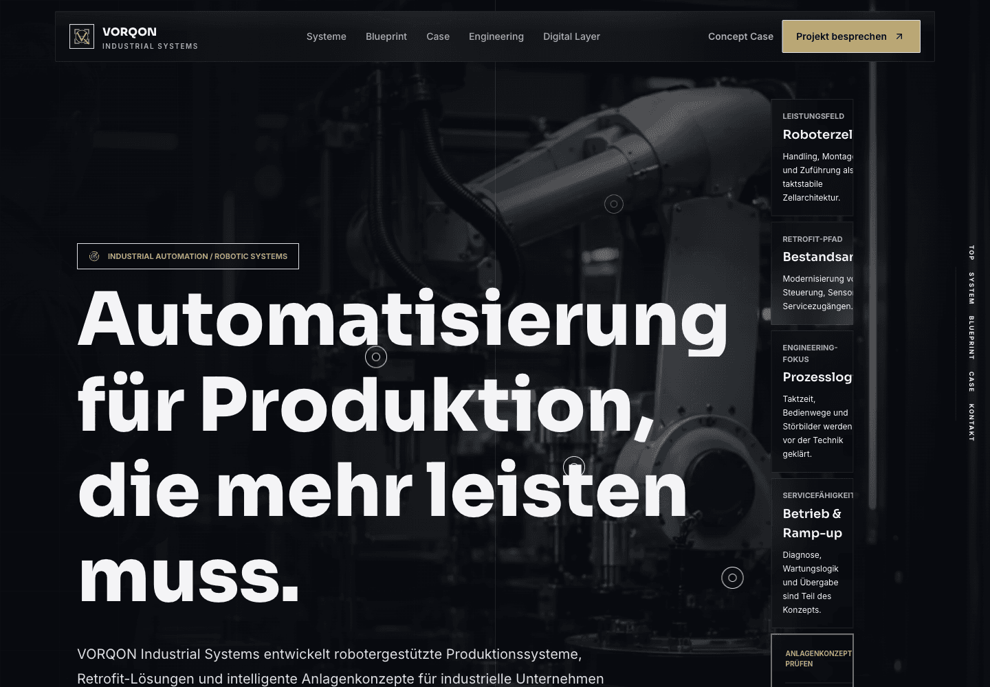 Konzeptreferenz für VORQON Systems mit industrieller Website-Startseite