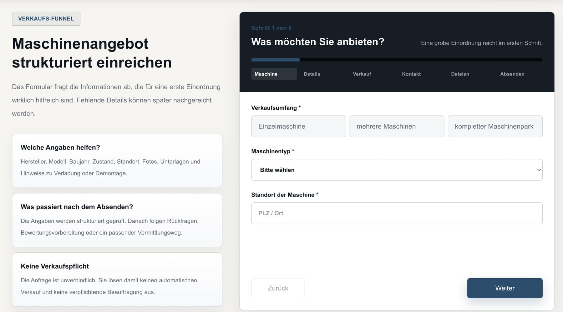 Anfrageformular im Eigenprojekt Maschinen Deutschland