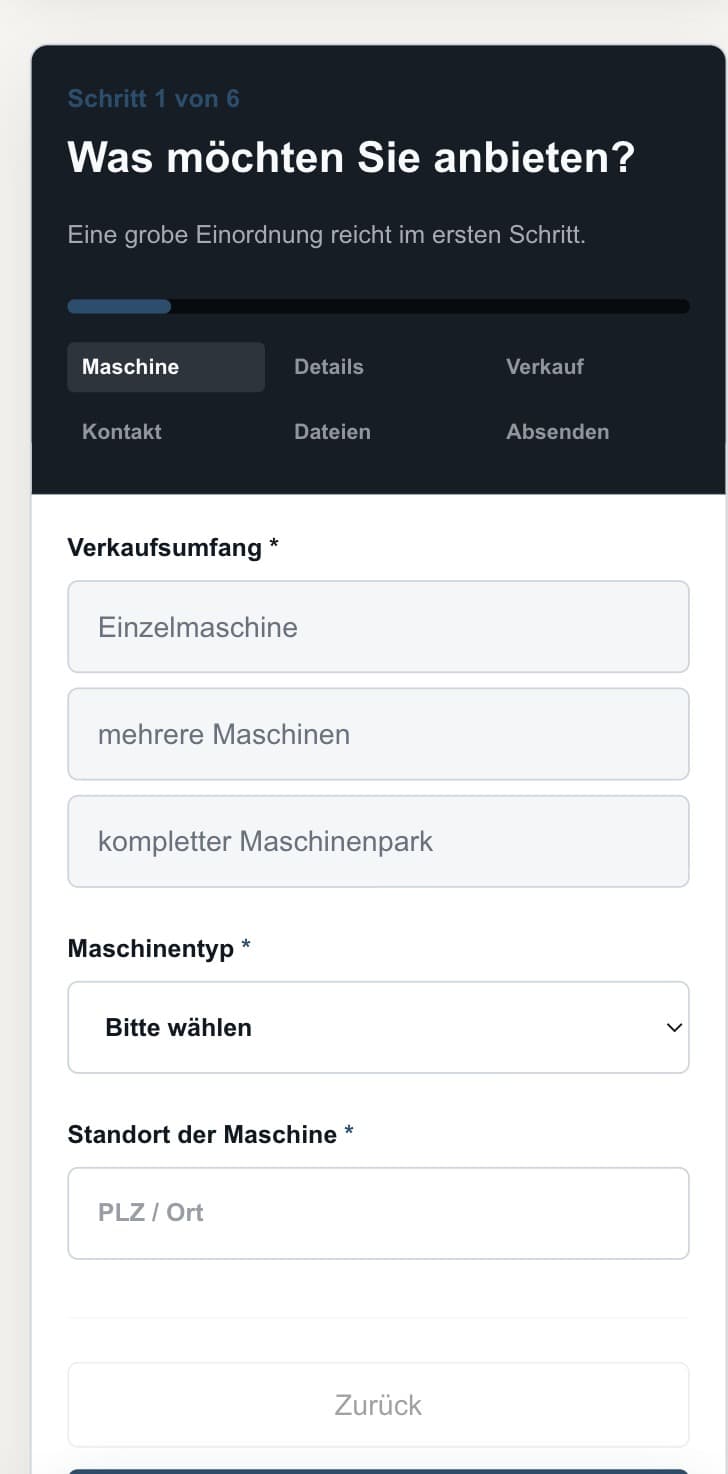 Mobiles Anfrageformular von Maschinen Deutschland